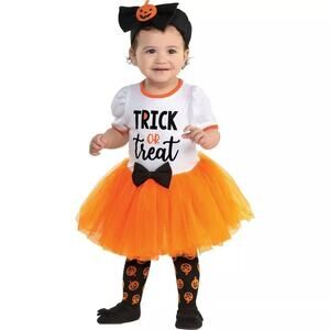 New Infant Trick or Treater White/Orange Dress with Headband Halloween Costume